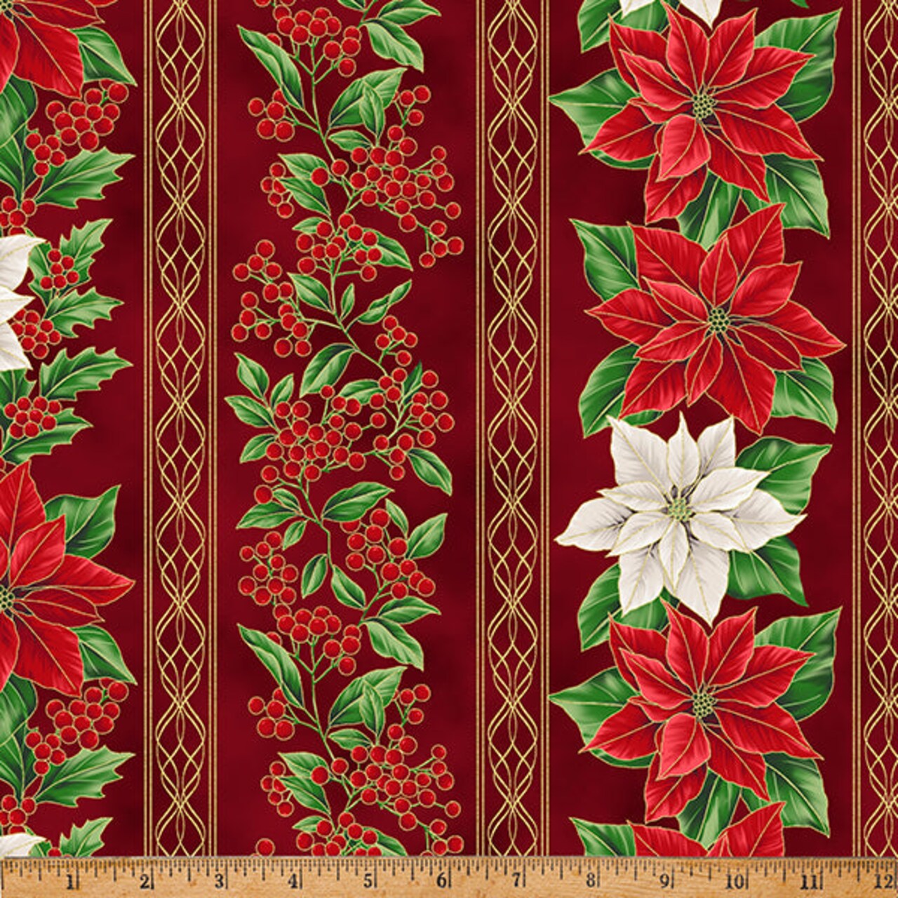 Fabric Hoffman Scarlet Gold Poinsettia Stripe Blooming Holidays by the Quarter Yard X7789-78G